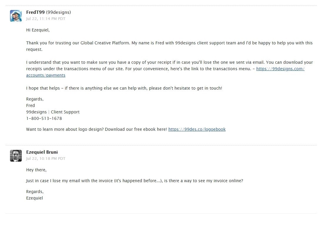 Email reply from 99designs customer support (screenshot)