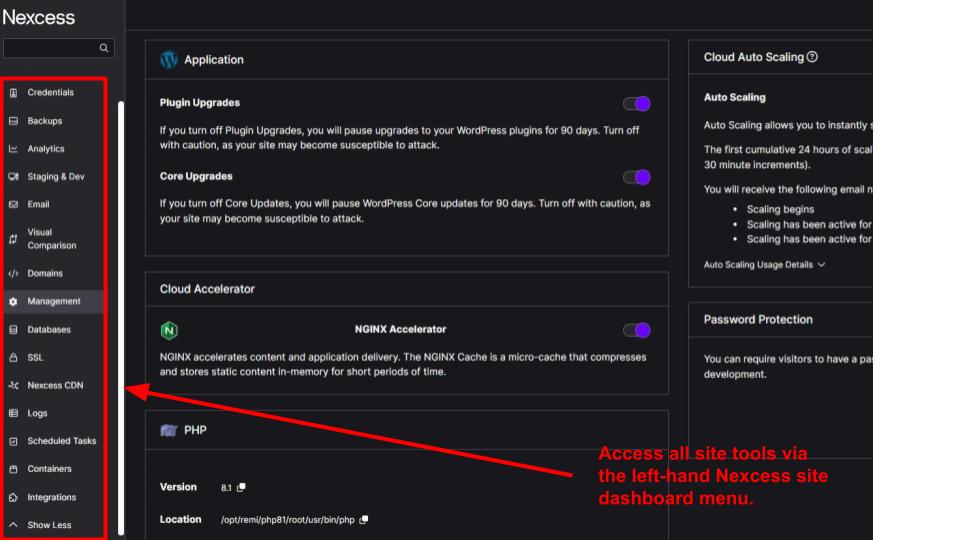 Nexcess dashboard website management tools.