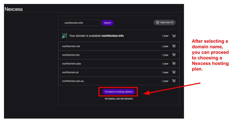 Hosting upsells after the Nexcess domain registration name purchase process.