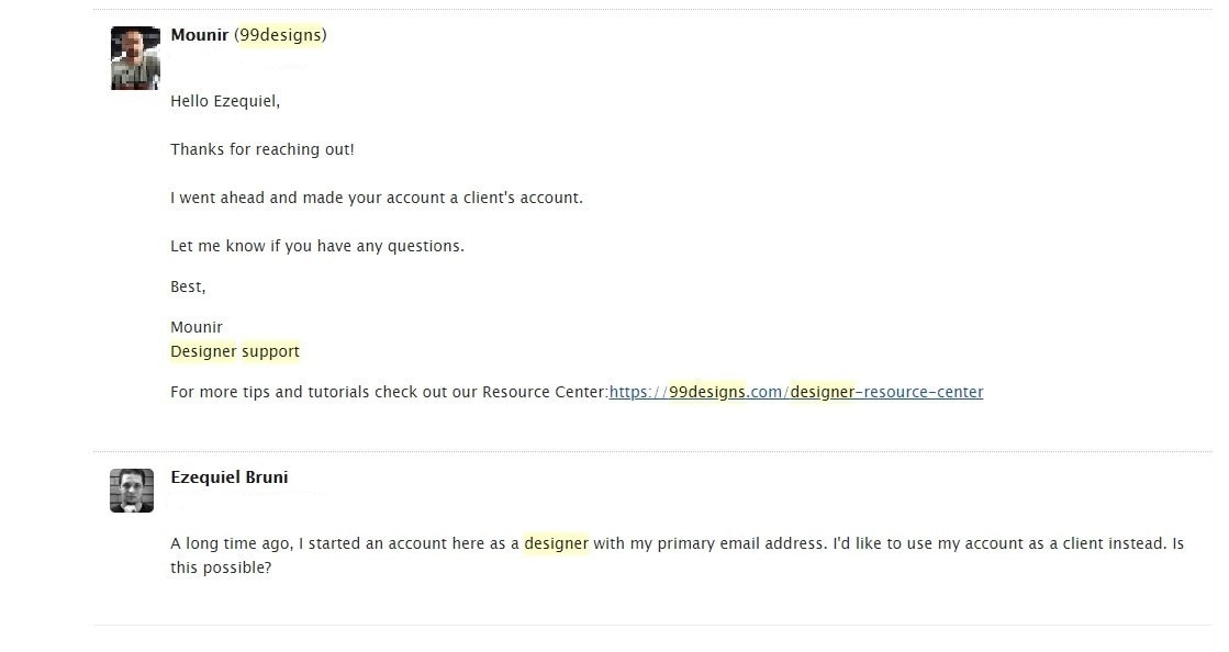 an interaction with 99Designs' support team requesting a switch from a designer to a client account