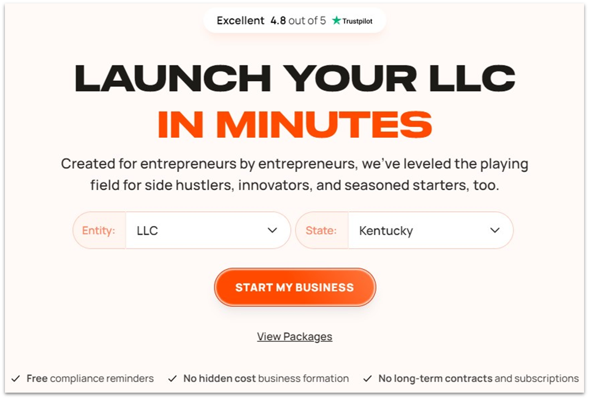 Bizee's starting screen for registering your LLC