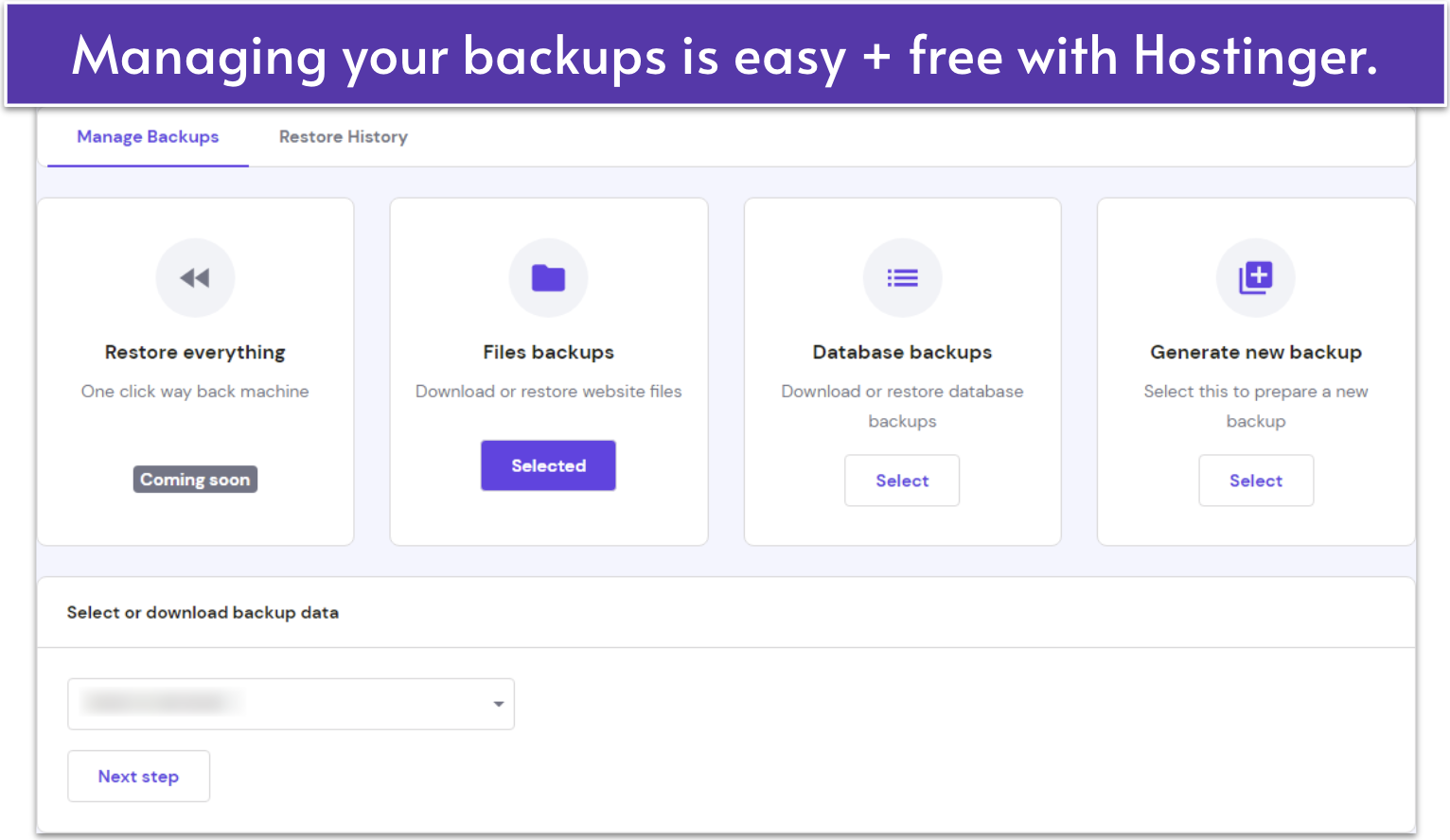 Screenshot of Hostinger's backup management page