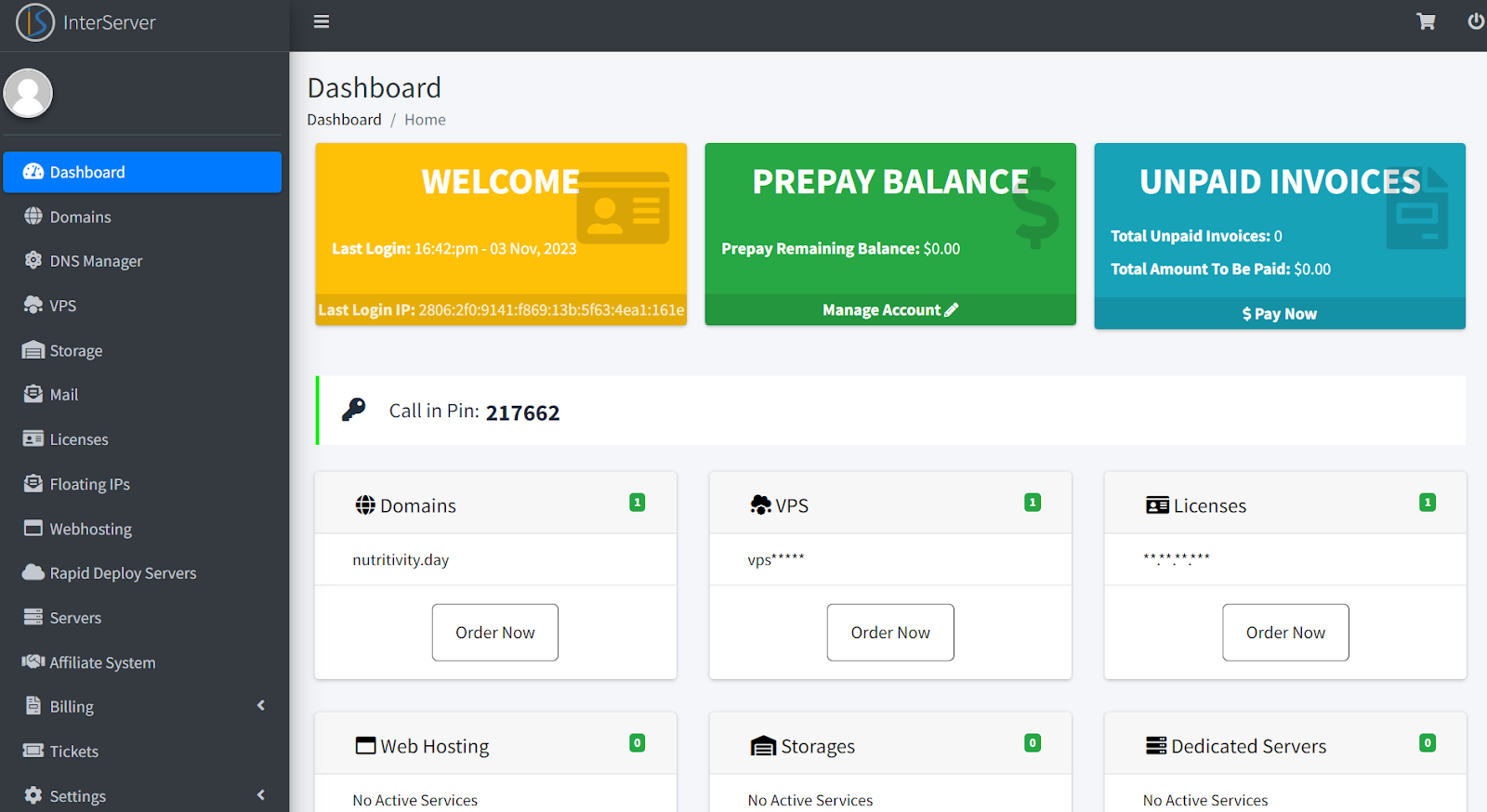 InterServer client dashboard