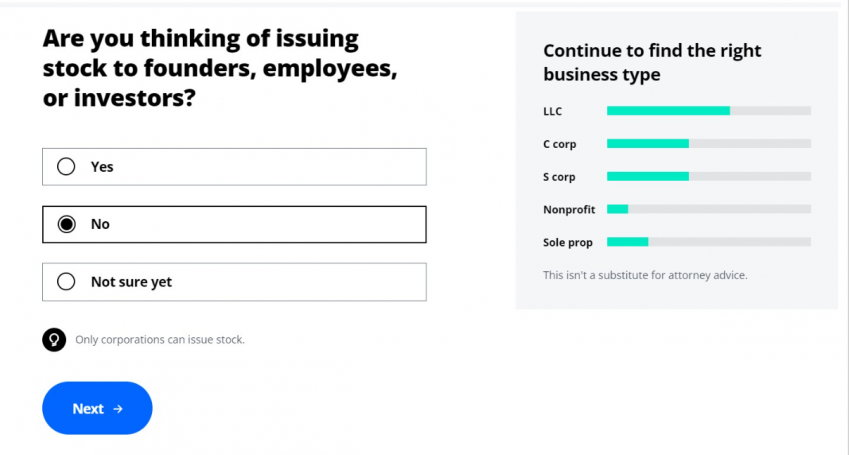 LegalZoom's "choose your ideal business"-type online questionnaire