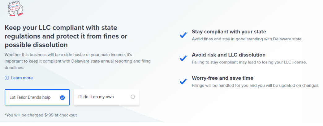 a screenshot of the LLC sign up process depicting the LLC compliance options that are available